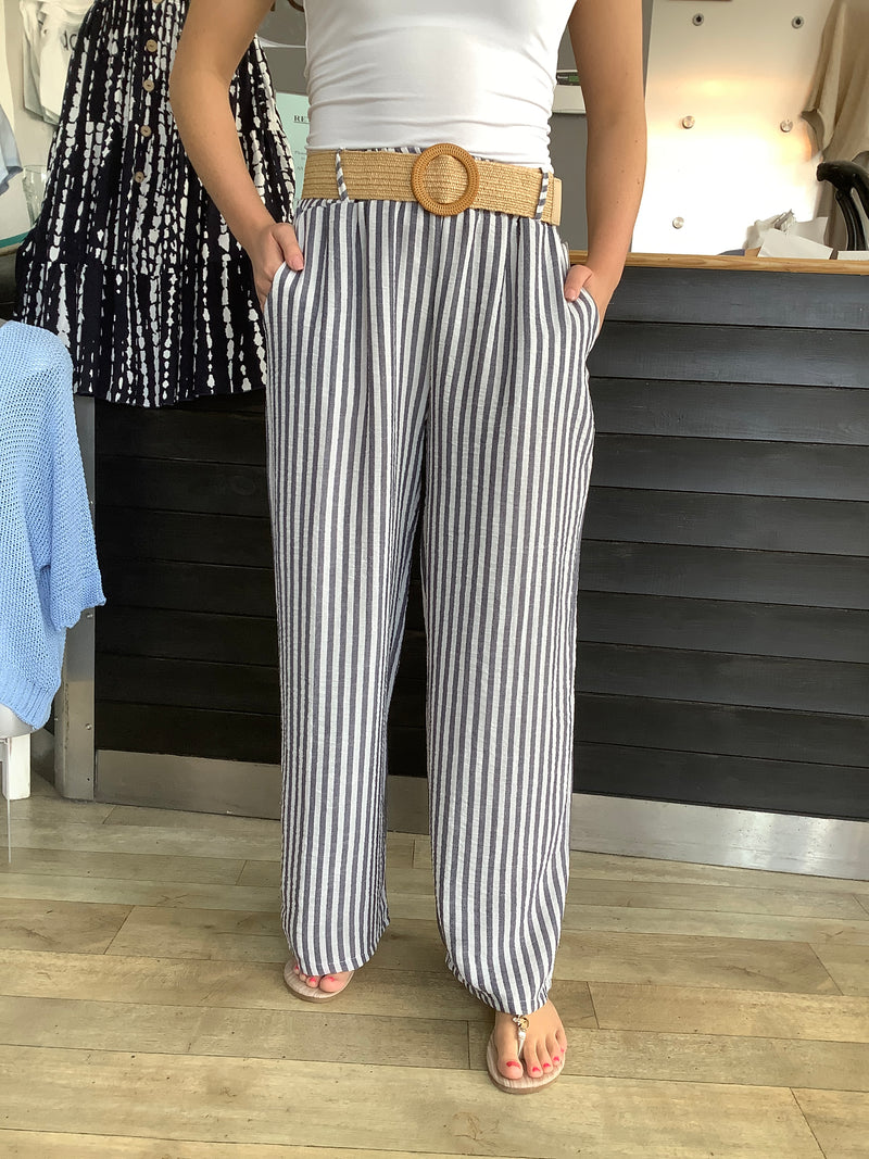 STRIPE WIDE LEG BELT TROUSERS